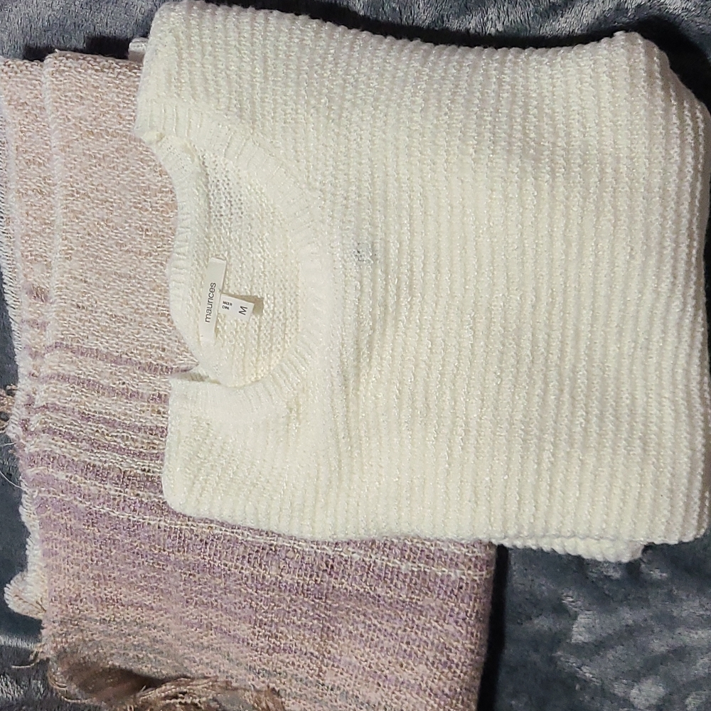 Ivory pullover sweater  with taupe long scarf